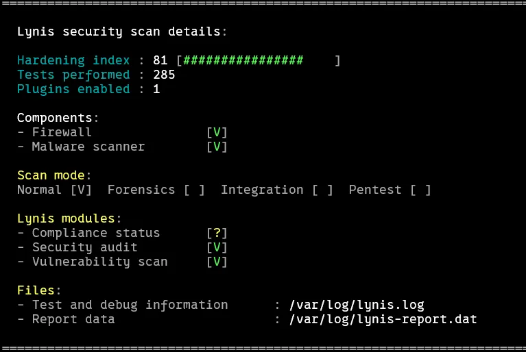 Lynis Bewertung meines Systems: 81 Punkte