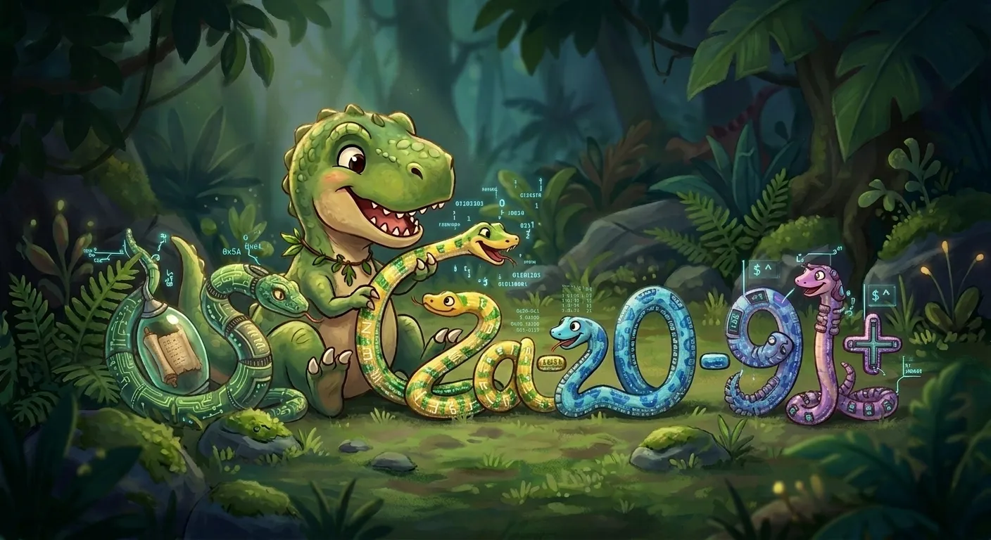 Ein Baby T-Rex der mit Regex Schlangen spielt