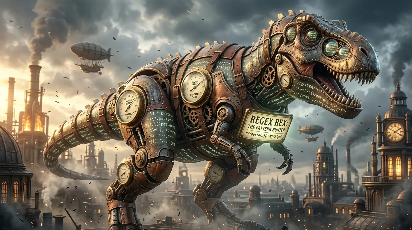 Ein T-rEx mit einem Schild - Regex Rex - the pattern hunter